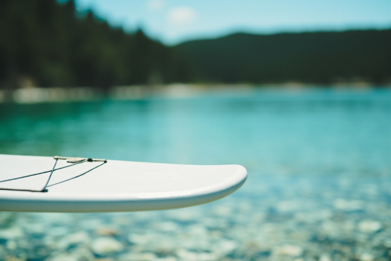 A paddleboard over strikingly clear turquoise lake water above pale pebbles