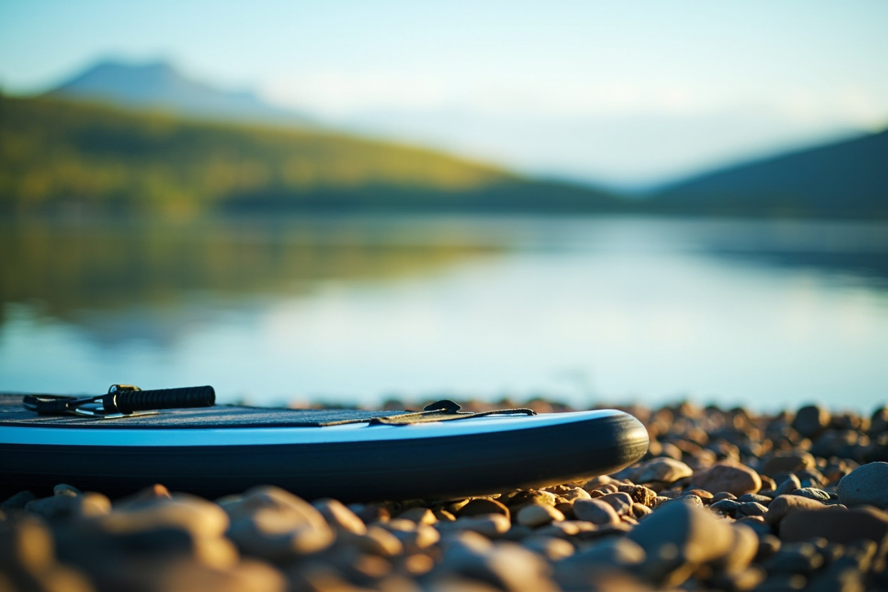 A stand up paddleboard and paddle resting on a pebble beach at dawn, glassy blue water blurred behind