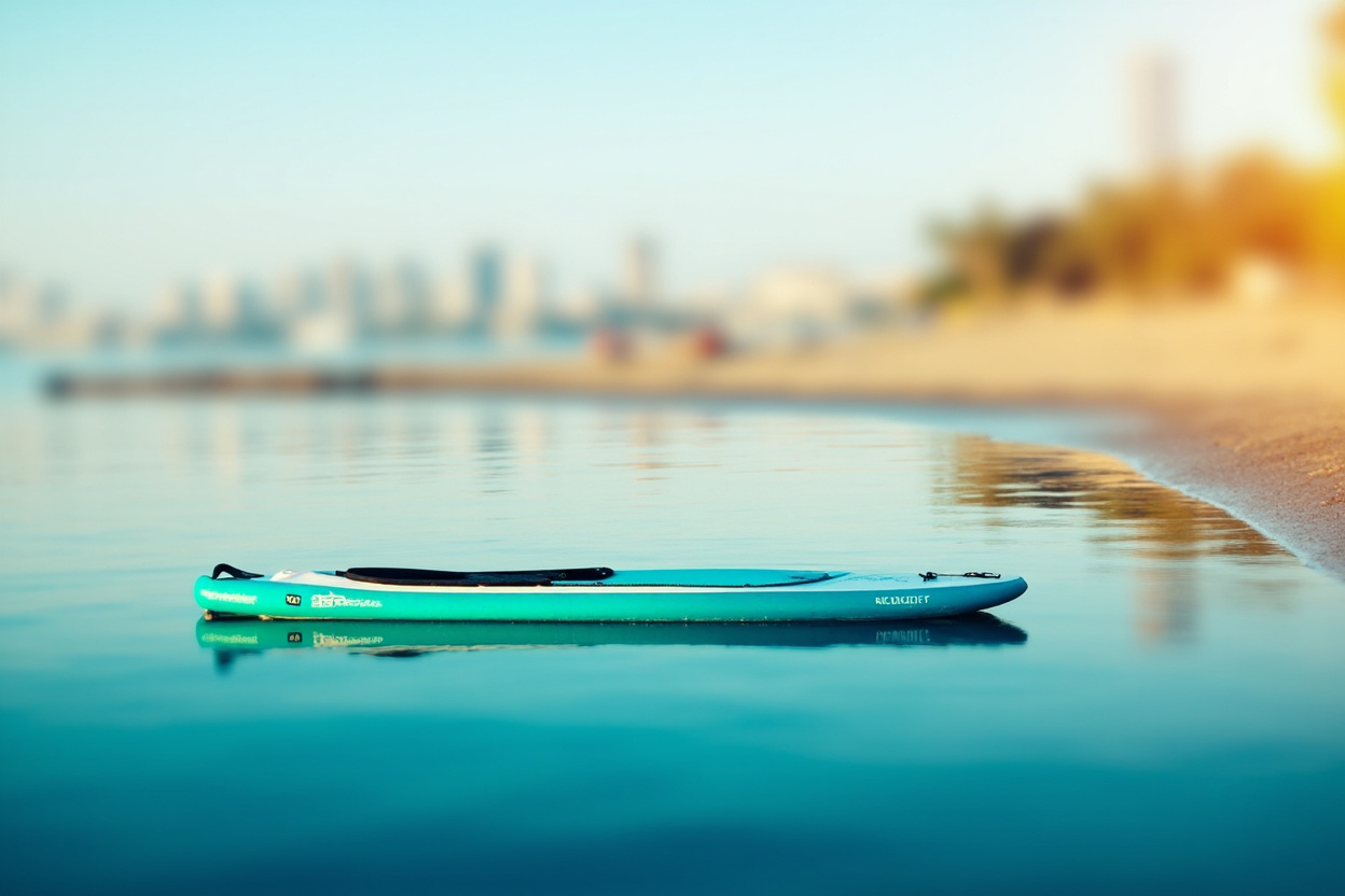 A paddleboard on calm morning water beside a city waterfront park, hills blurred behind