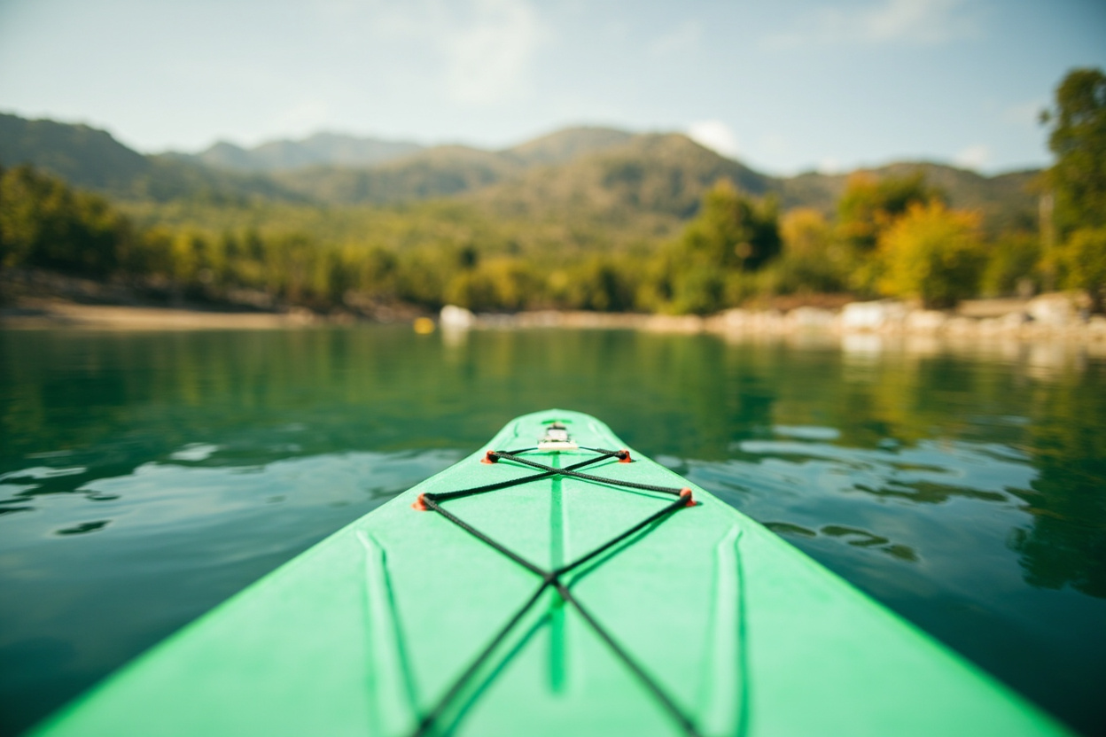 A paddleboard crossing warm green lake water past a low shoreline of orchards