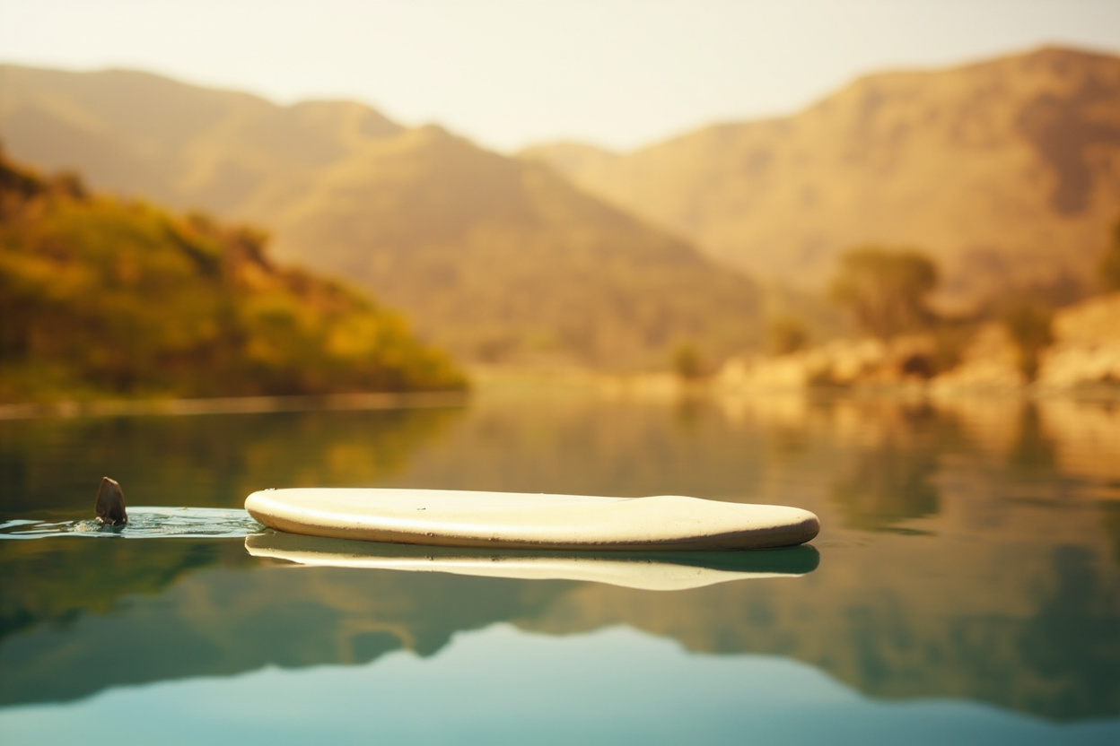 A paddleboard drifting on a small still lake bordered by golden desert hills
