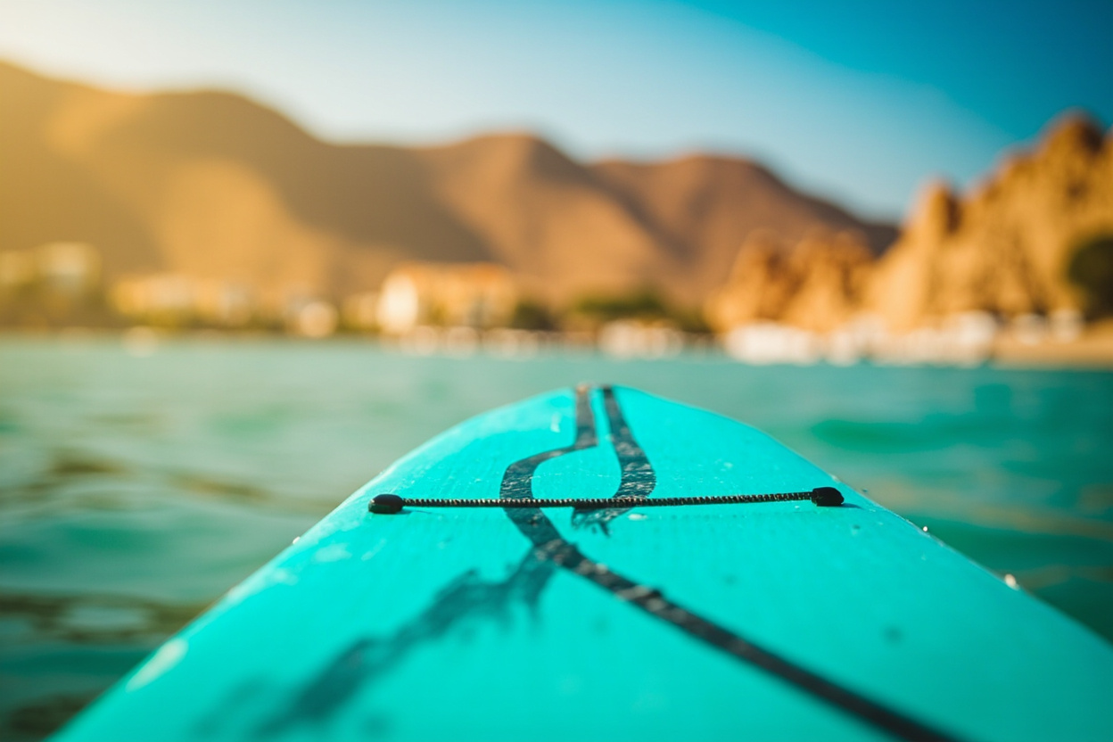 A paddleboard on warm turquoise lake water beside a desert hillside beach town