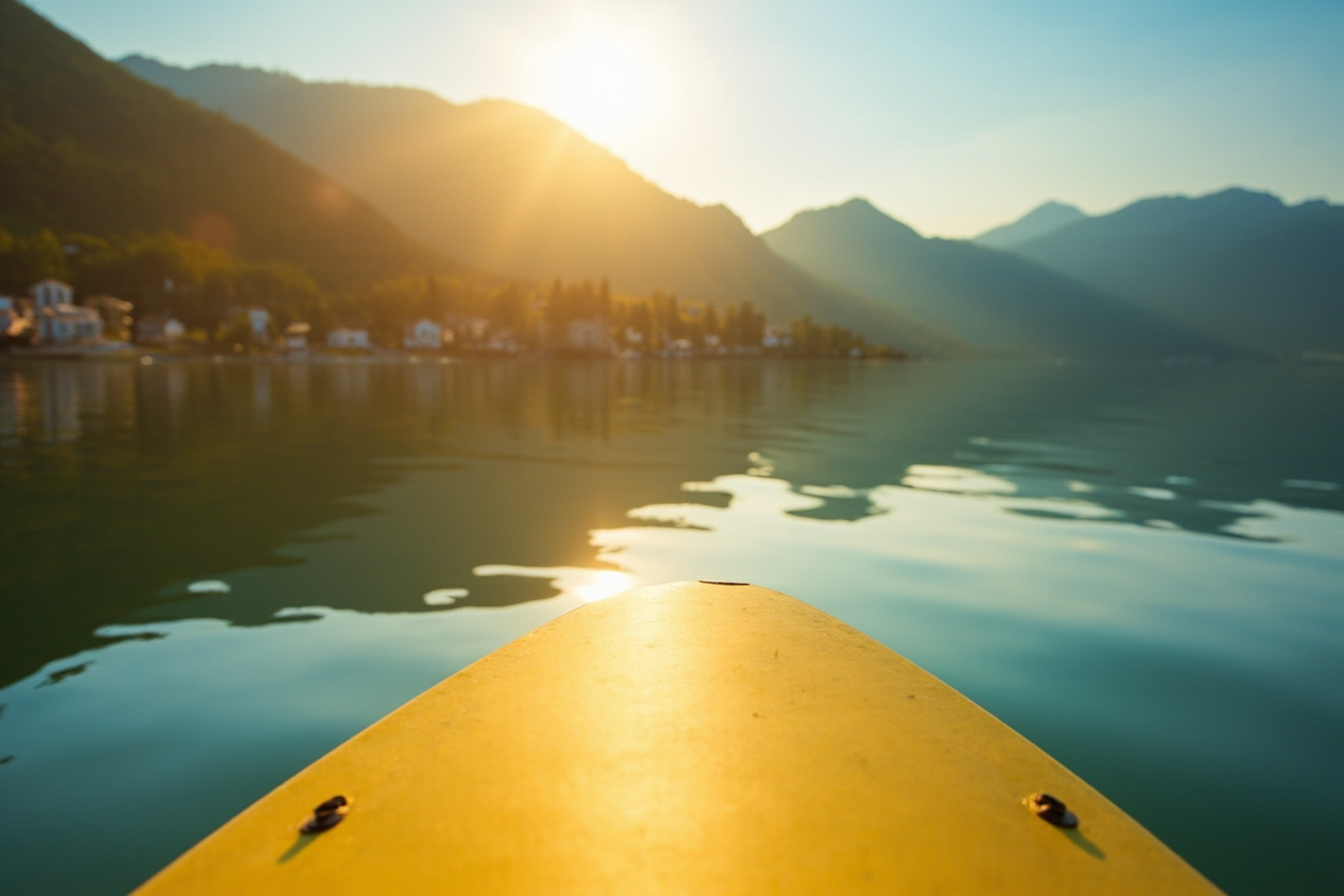 A stand up paddleboard on still blue water in front of a small lakeside town beach