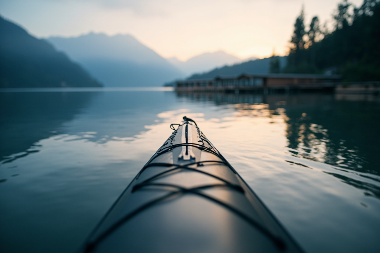 A paddleboard on a broad mountain lake beside a long wooden wharf at first light