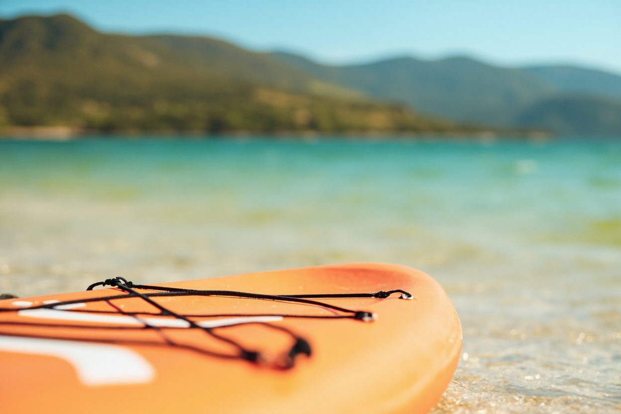 A paddleboard resting on warm sand beside shallow green water under a morning sky