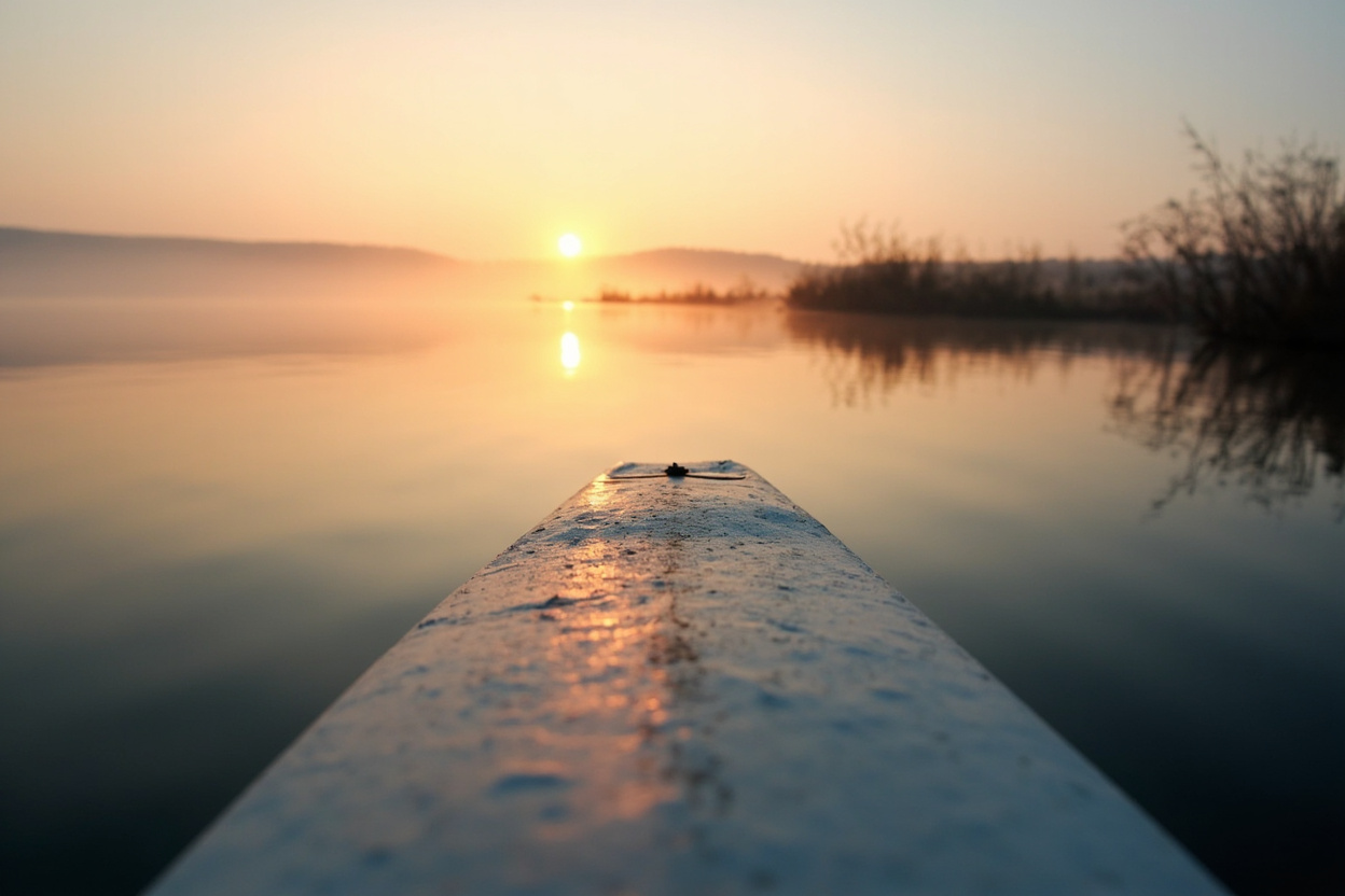 A stand up paddleboard on a quiet northern lake arm at sunrise, hills beyond