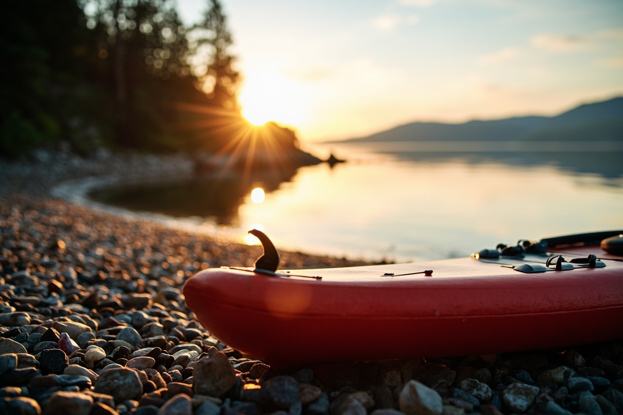 A paddleboard floating near a quiet pebble beach beneath a pine-covered hillside