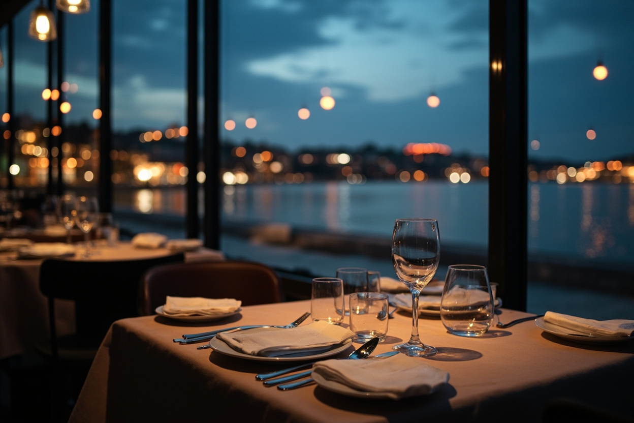 A restaurant table by a window overlooking a lakeside city street at dusk