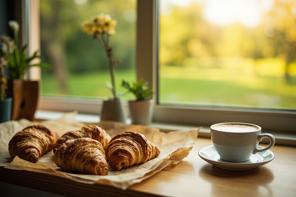 A small-town bakery counter with pastries under glass and morning light through the front window