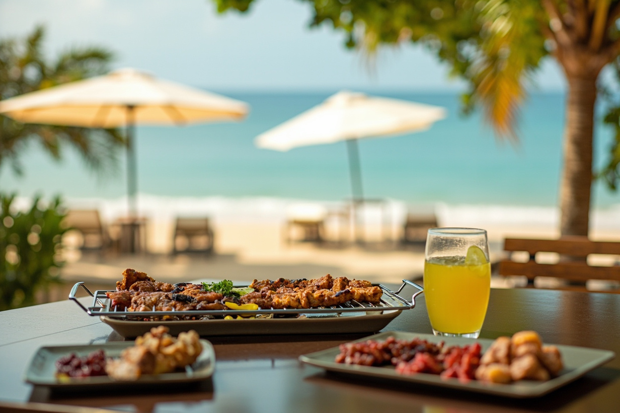A patio table with plates and glasses overlooking a sandy beach and lake in summer