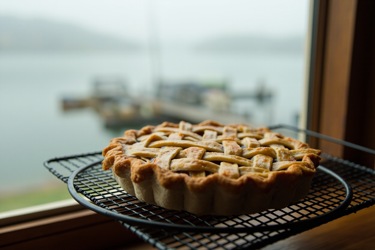 A lakeside bakery cafe table with pie and coffee, a freshwater bay and wharf in the background