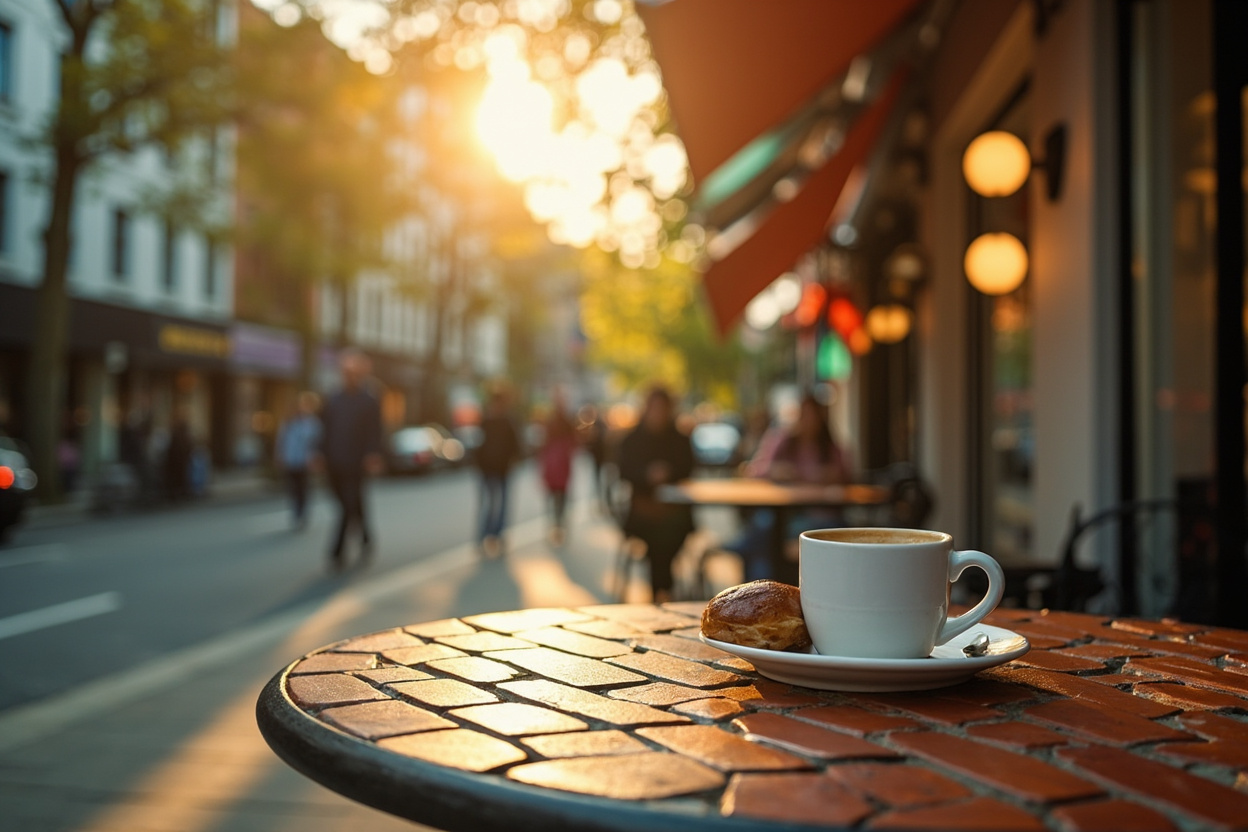 A quiet small-town main street cafe with outdoor tables under mature trees on a summer morning