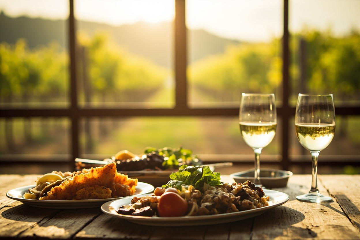 A wooden table with a plate of seasonal dishes and a glass of white wine, vineyard rows blurred behind