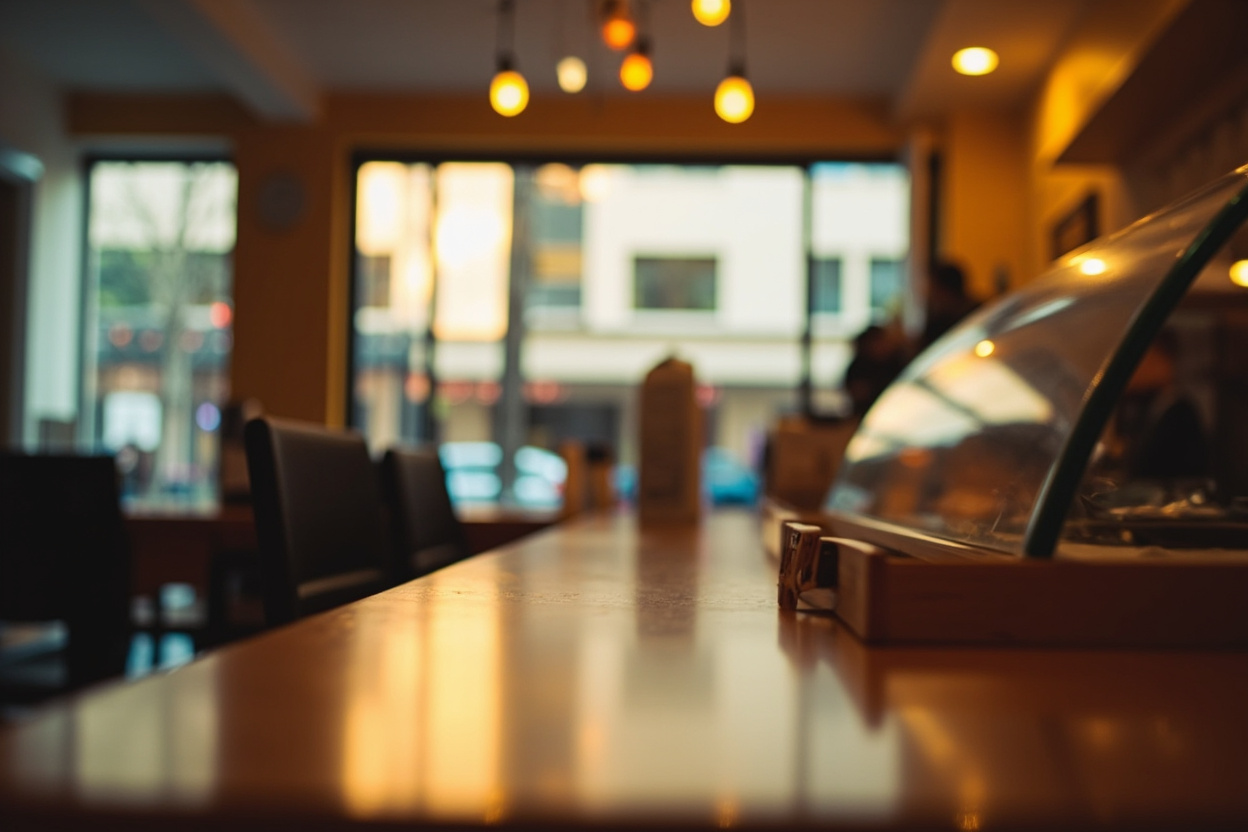 A small city cafe interior with warm light on wooden tables and a counter of pastries