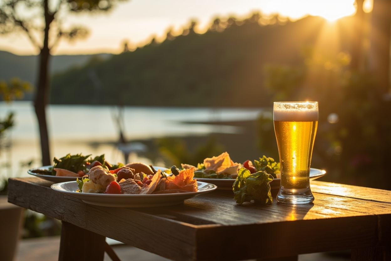 A lakeside restaurant patio at golden hour with glasses on the table and Okanagan Lake behind
