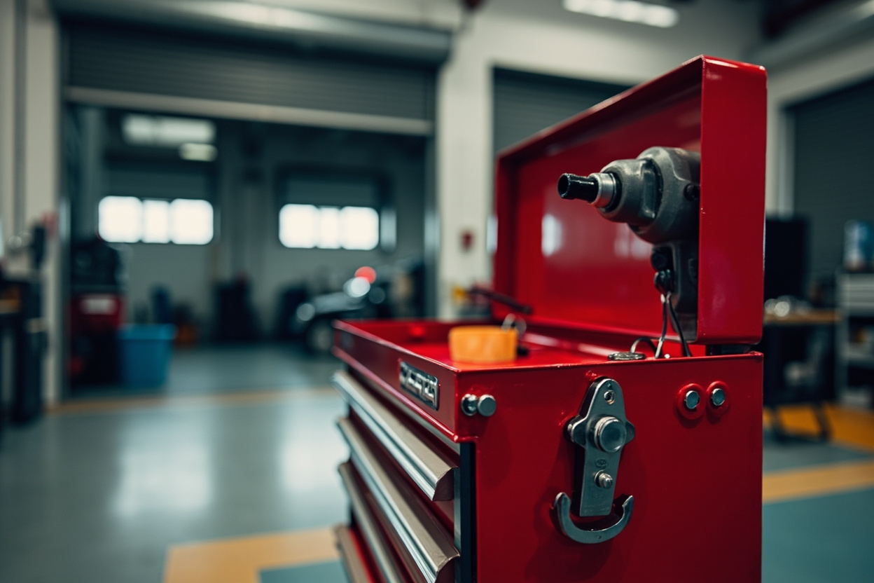A mechanic's tool cart with wrenches and a torque gun beside an open vehicle bay door, workshop blurred behind