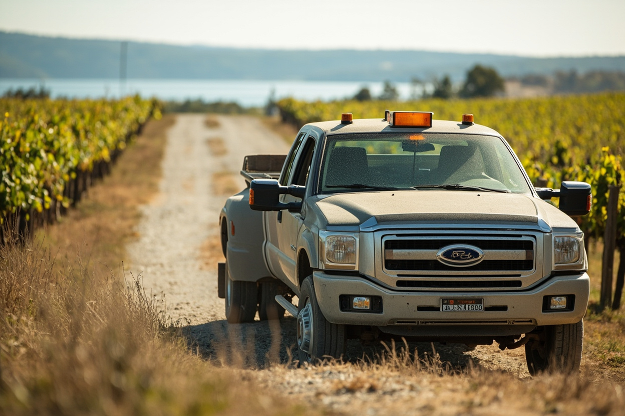 A work truck parked at a winery driveway with vineyard rows and lake visible below a country road