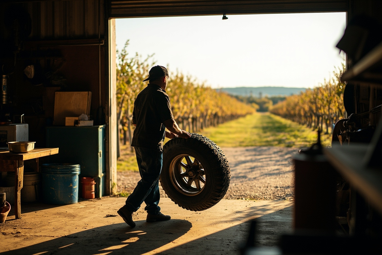 A mechanic rolling a tire past an open shop bay with orchard rows and a bench visible beyond the yard