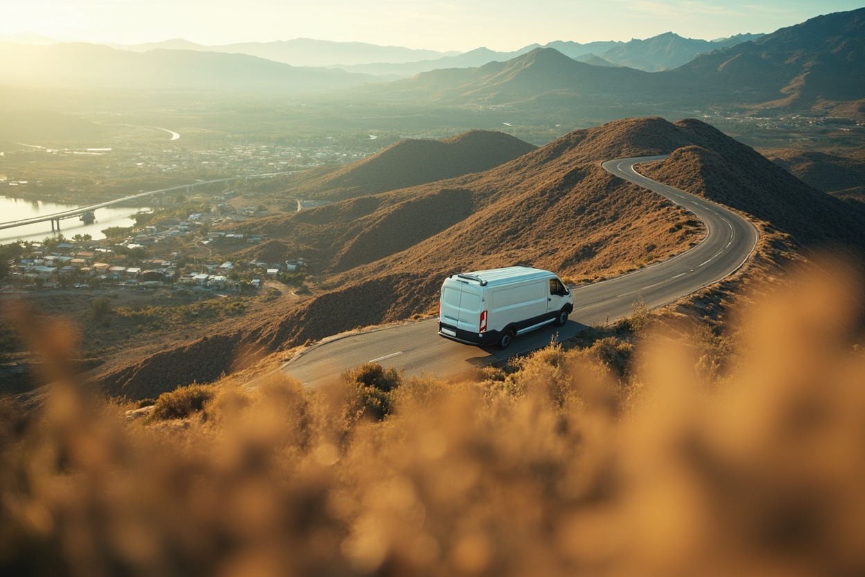 A dry desert hillside above a lakeside town with a work van on a road switchbacking toward the pass