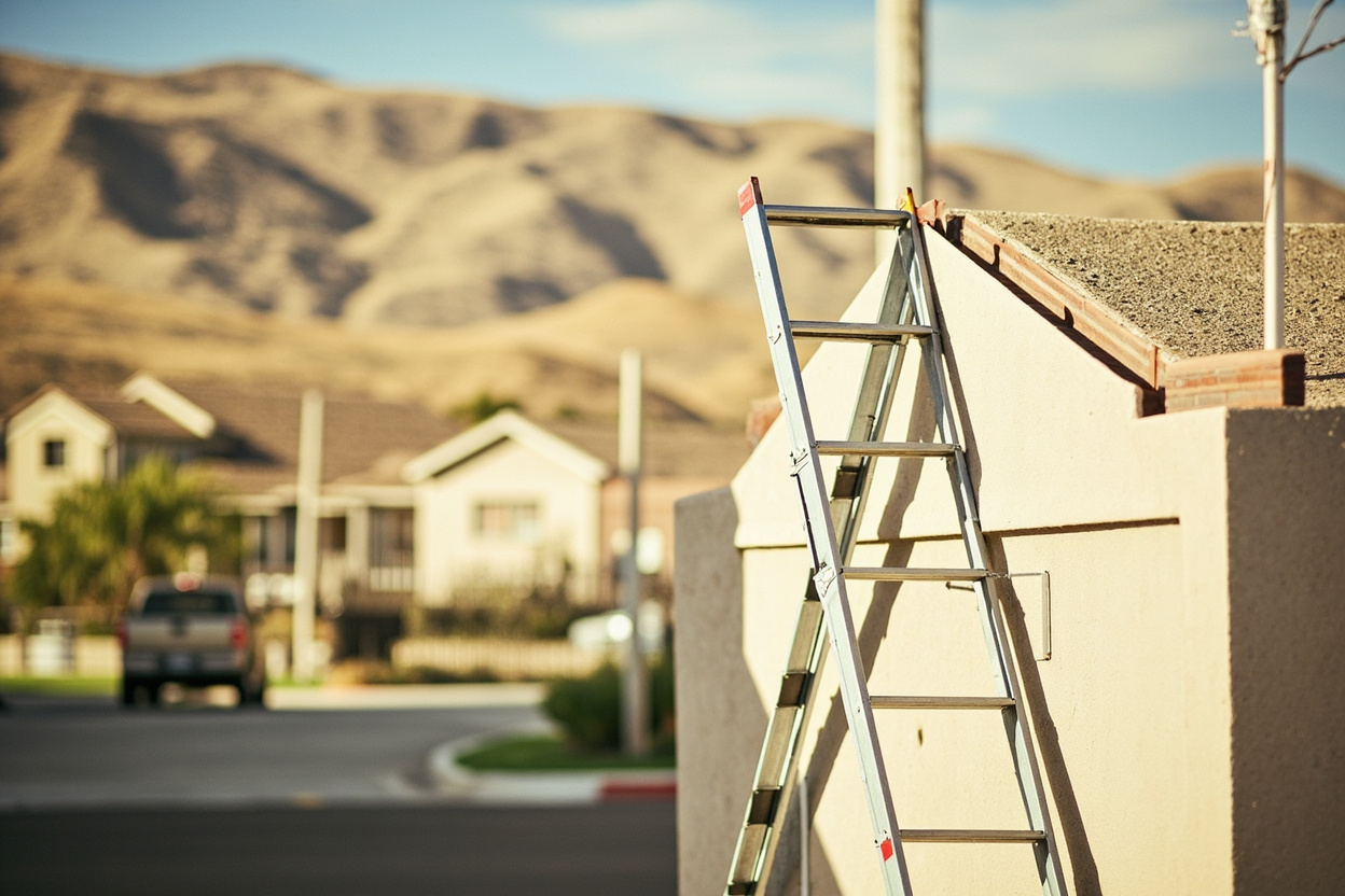 A ladder against a stucco house wall on a sunny street with dry hills rising behind the rooftops