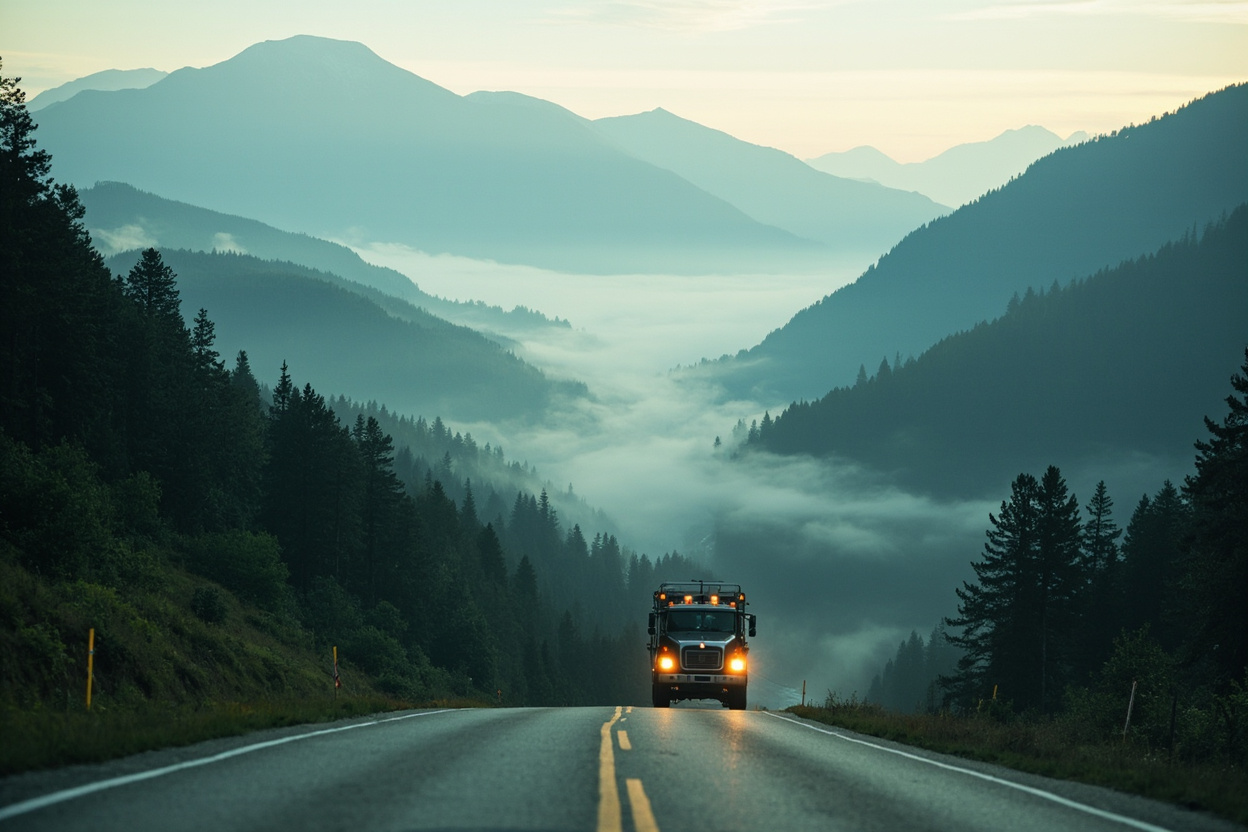 A service truck on a forested rural road with mountains behind, morning mist over the valley floor