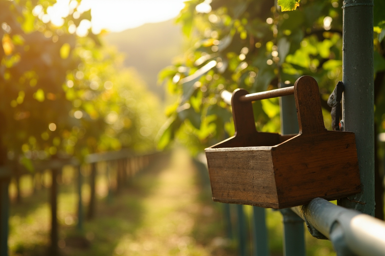A toolbox on an orchard bench with rows of fruit trees climbing the slope behind, morning light