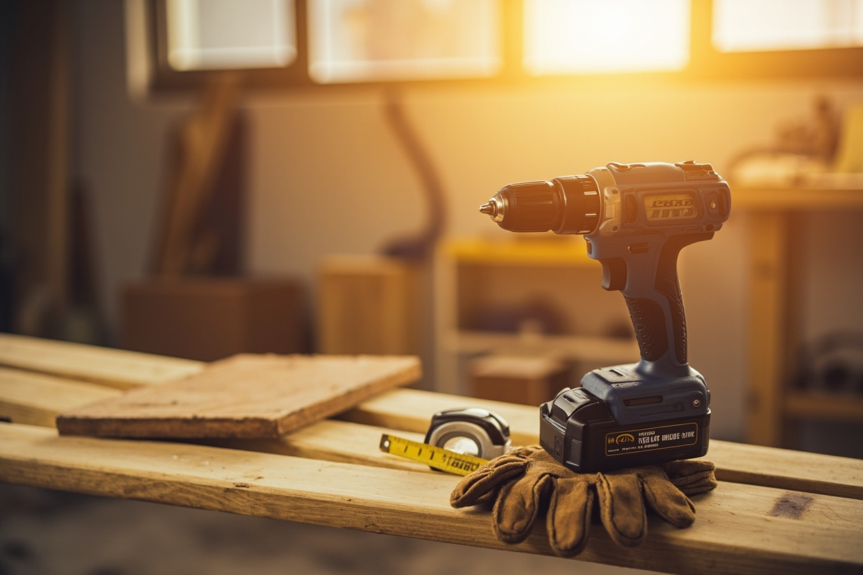 A cordless drill, tape measure and work gloves resting on rough lumber, a workshop blurred behind