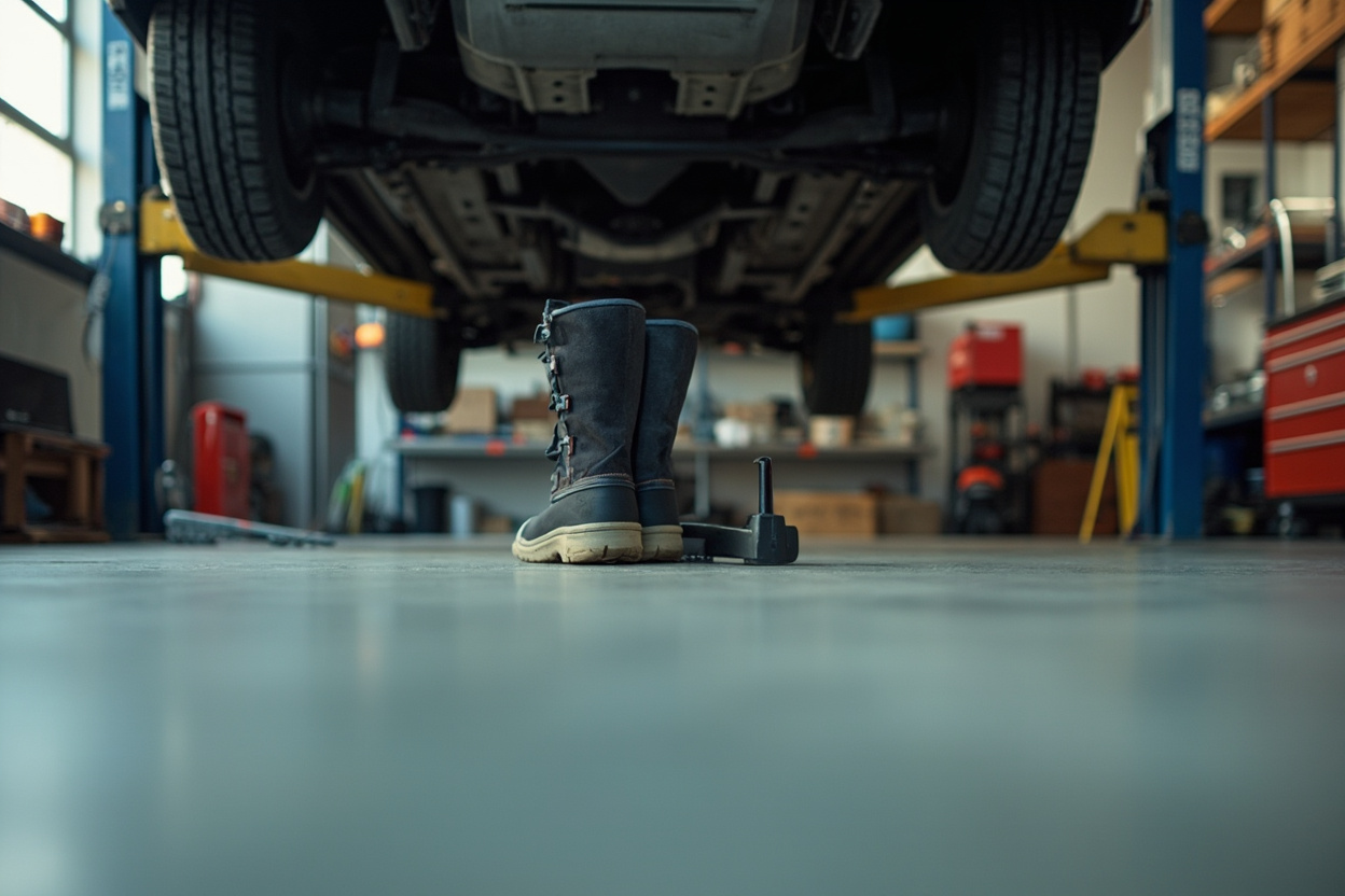 A vehicle on a hoist inside an independent garage with winter boots and tools on the concrete floor