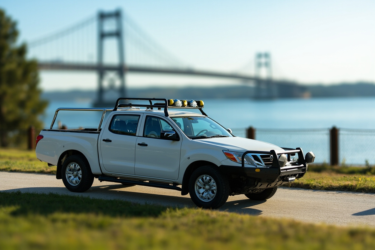 A pickup truck with ladder racks parked on a suburban driveway, lake and bridge blurred in the background