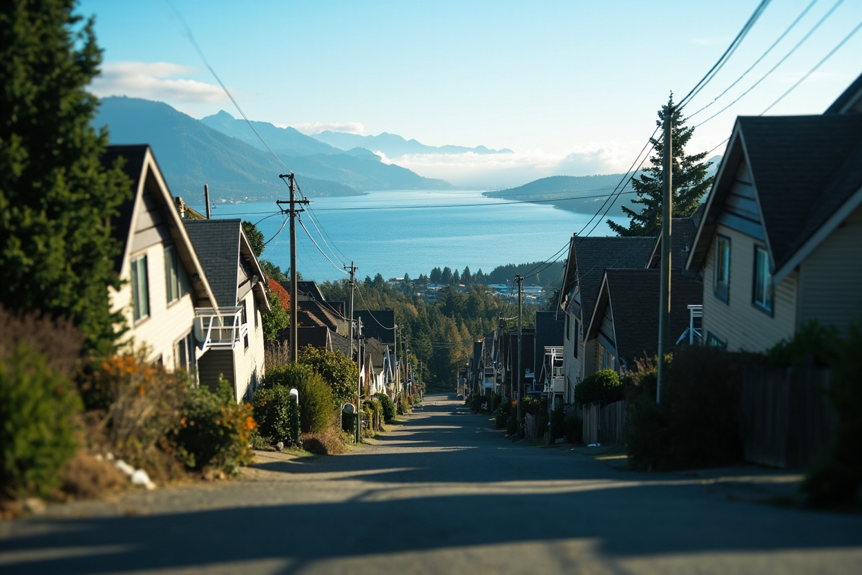 A hillside street of rooftops stepping down toward a blue lake with morning haze across the water