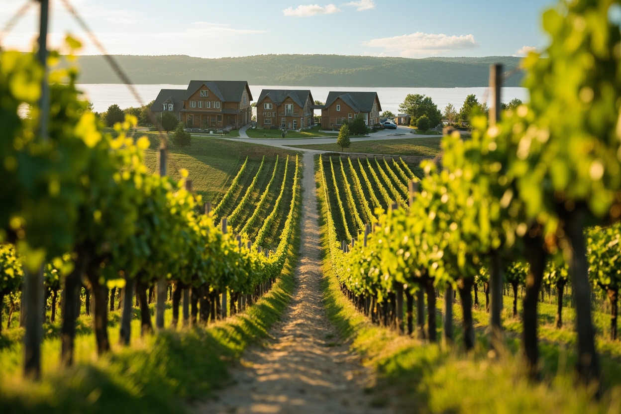 A country road lined with vineyard rows climbing toward wood-framed buildings above a lake
