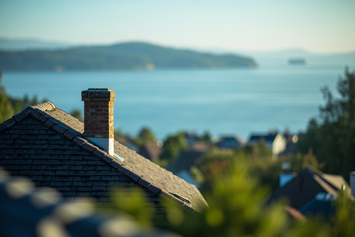 Rooftops of a lakeside neighbourhood stepping down a green hillside to blue water, morning haze beyond
