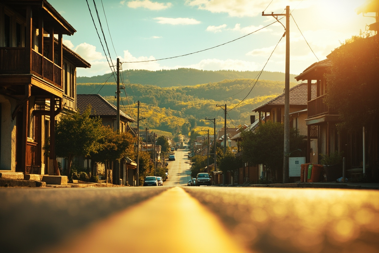 A short small-town main street under bright sky with vineyard-covered benchland rising beyond the rooftops