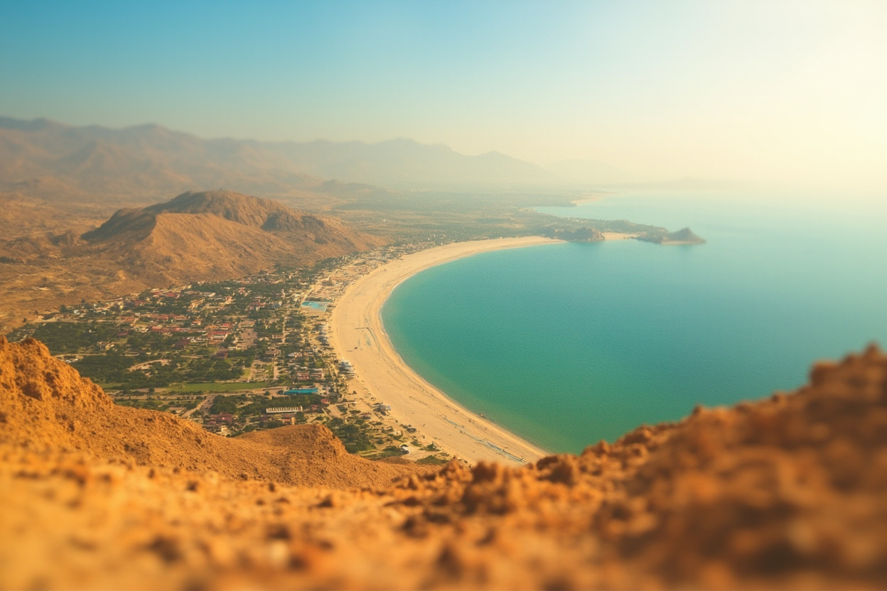 A desert lakeside town seen from the water with sandy beach in front and dry golden hills rising behind