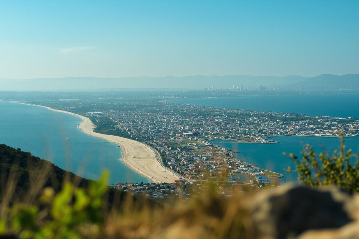 A flat city grid between two blue lakes with a sandy beach curving along the nearer shore