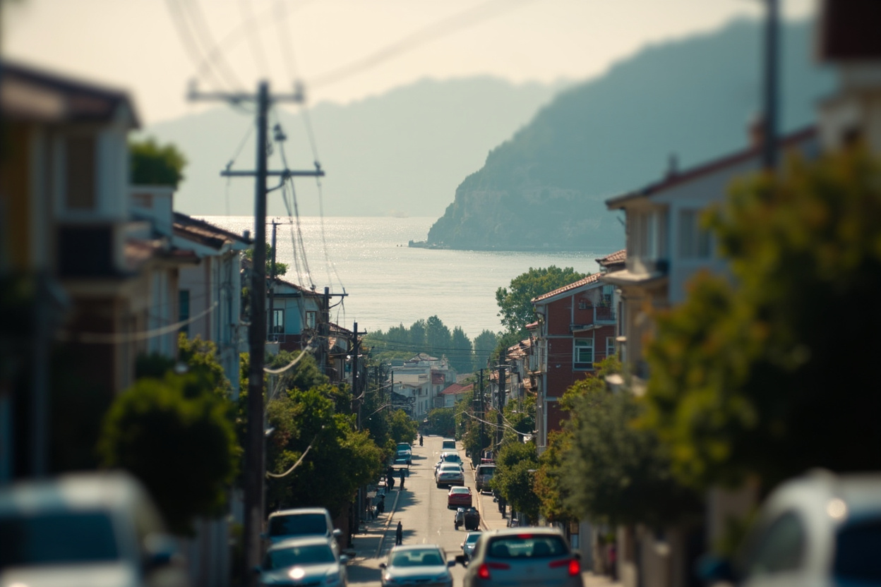 A small-city downtown street in morning light with mountains and a broad lake visible past the rooftops