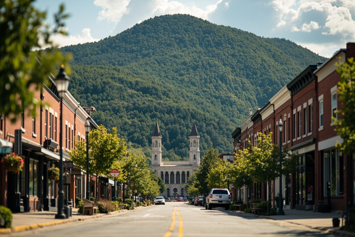 A heritage main street of brick storefronts below a rounded forested mountain with orchard benches around it