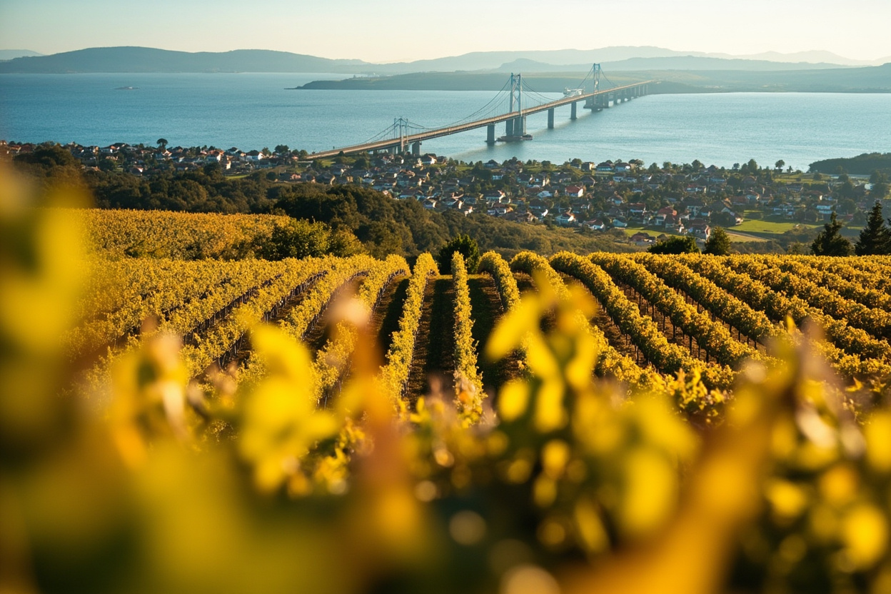 A lakeside residential hillside with vineyard rows on the bench above and a long bridge crossing water in the distance