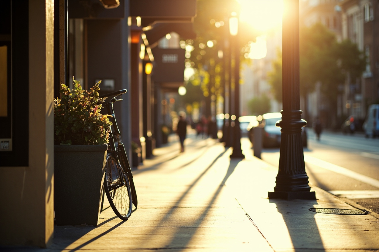 A sunlit downtown sidewalk with shopfronts and planters on a summer morning