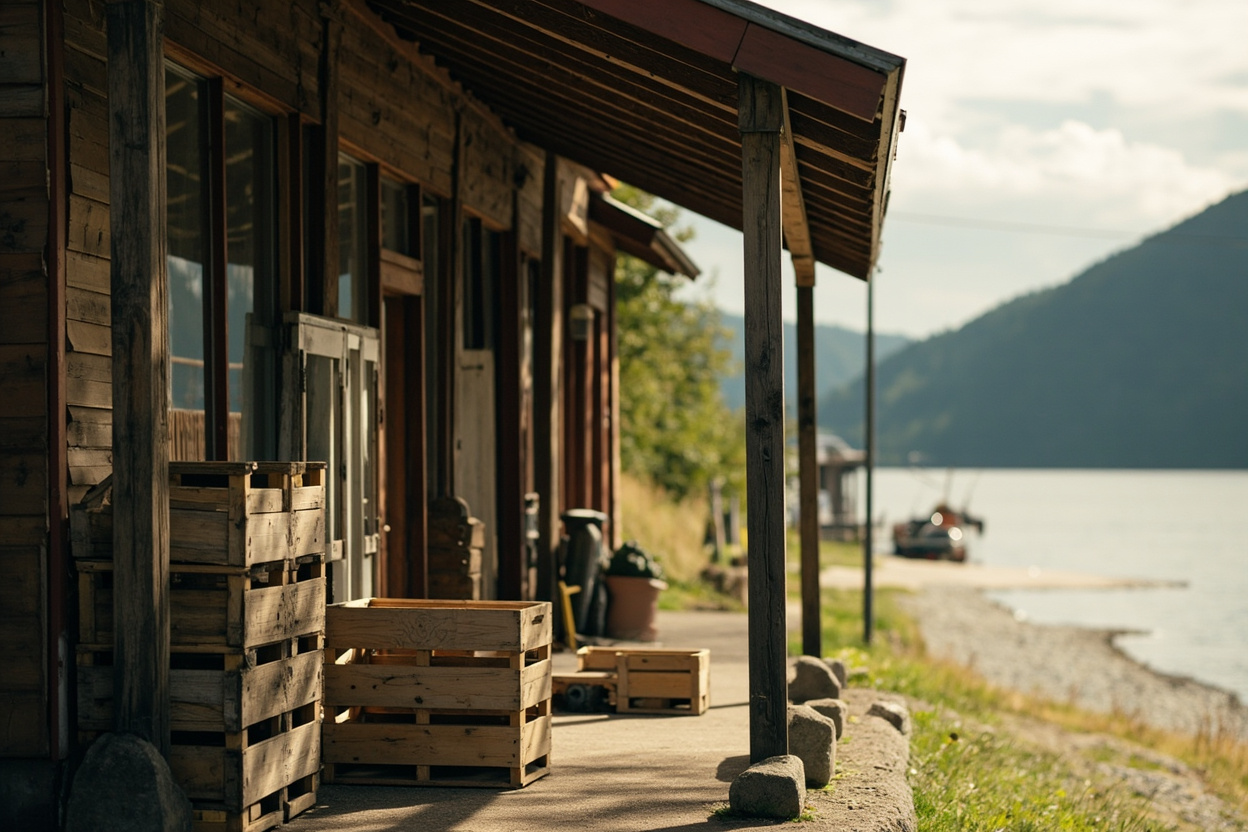 A general store porch with wooden crates of apples and a quiet country road behind