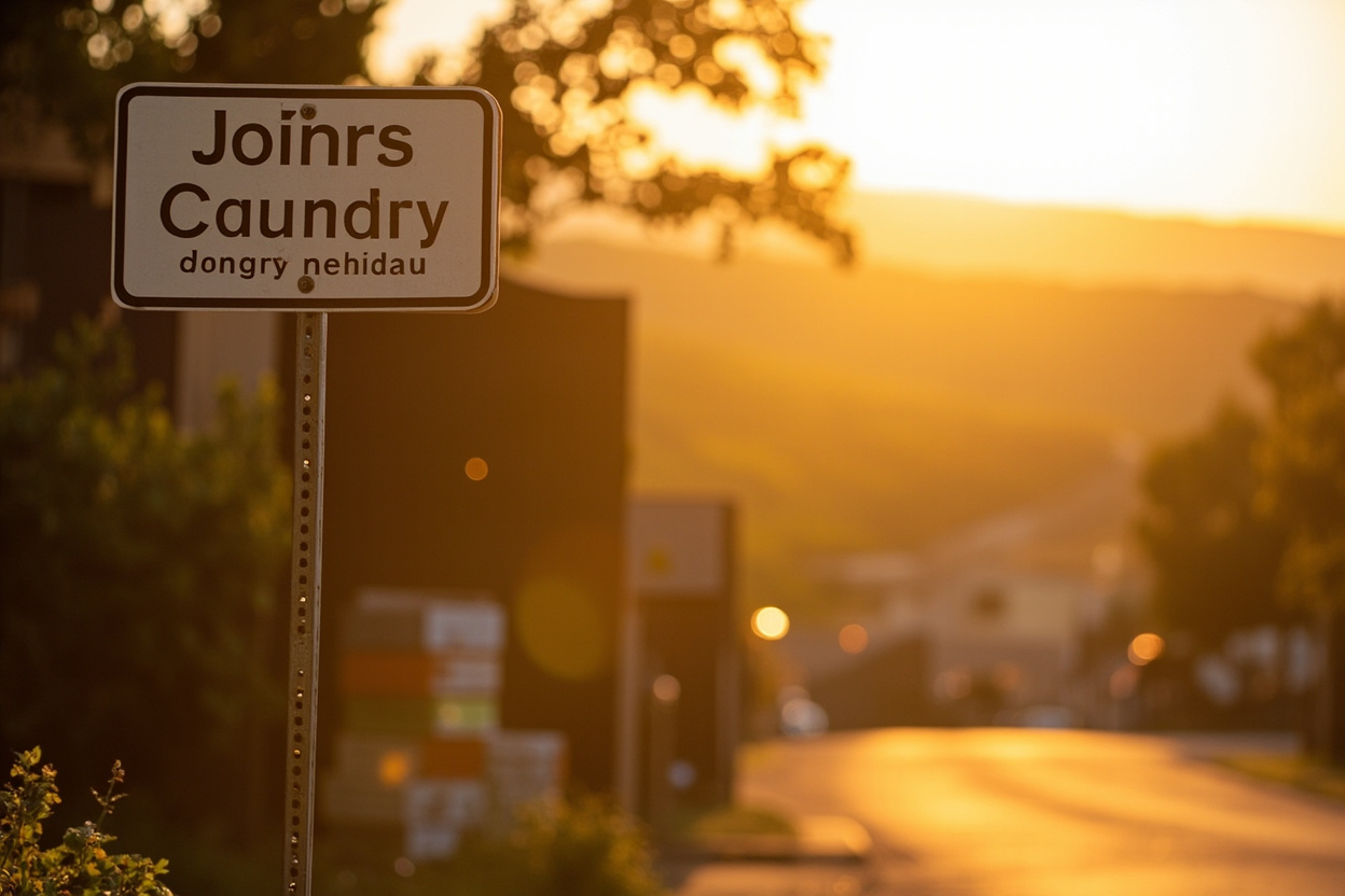 A vineyard road sign at golden hour with nursery stock and orchard crates along a small-town main street edge