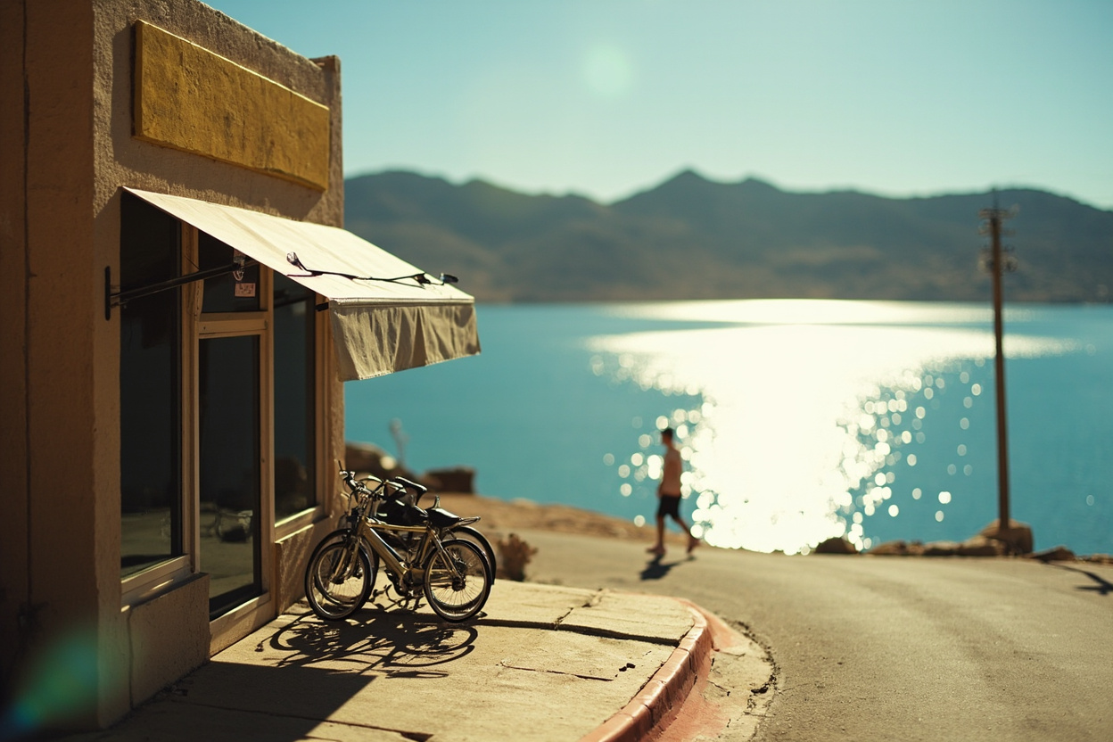 A quiet main street storefront row in desert light with bikes parked out front and lake glare at the end of the road