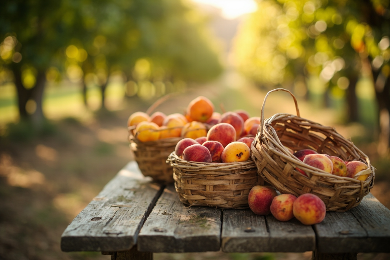 Wooden baskets of ripe stone fruit at a farm stand with orchard rows climbing a bench above