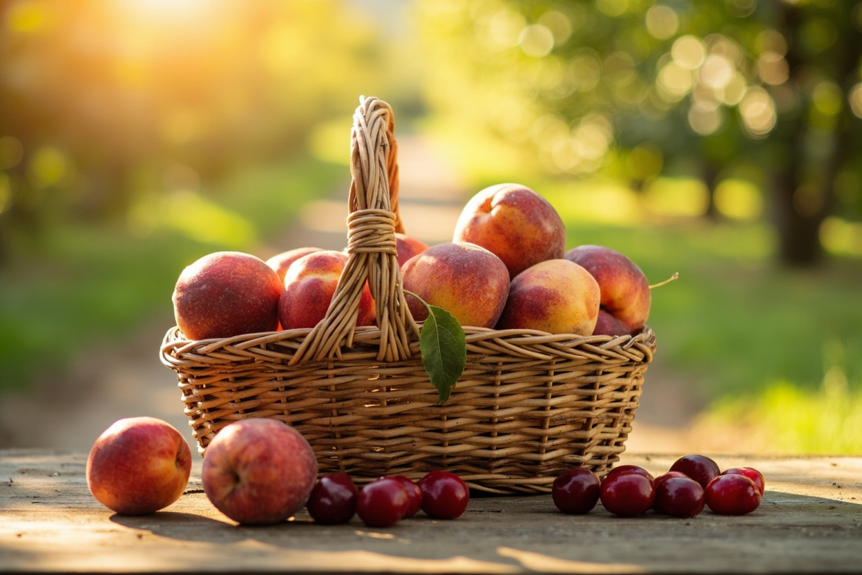 A paper shopping bag and fresh produce on a sunlit wooden table, an orchard blurred behind