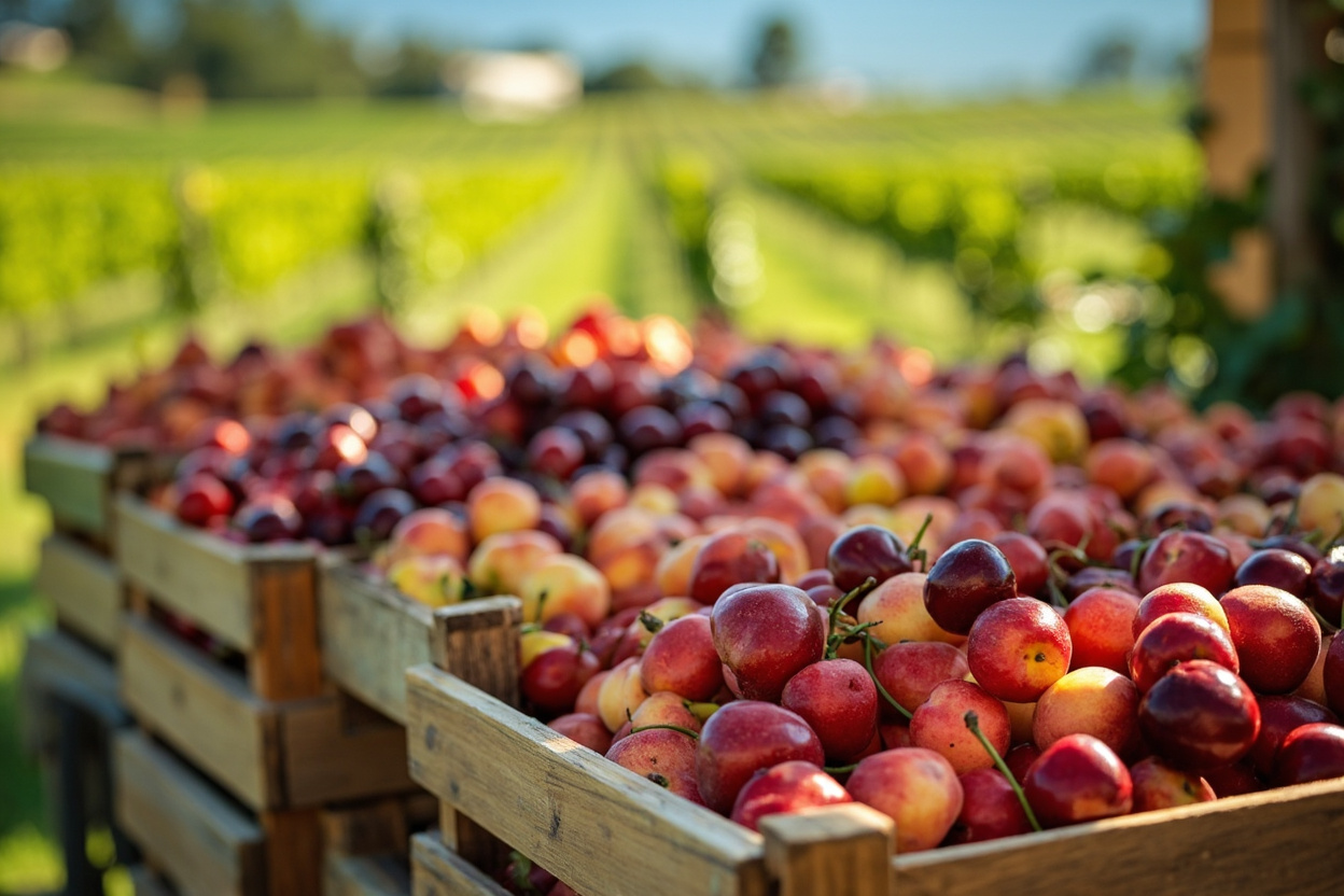 Crates of fresh peaches and cherries stacked at an orchard fruit stand in bright morning sun