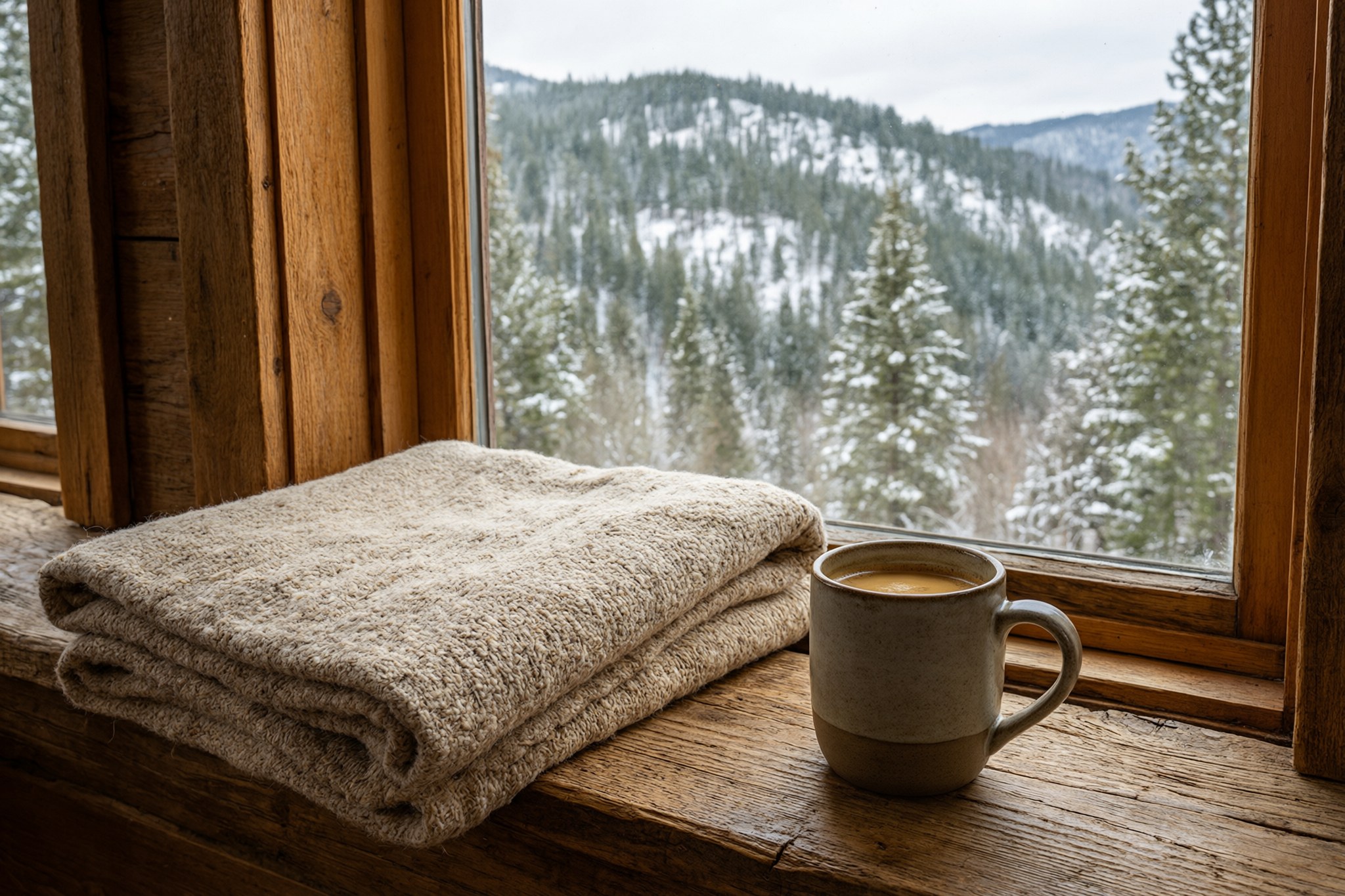 Illustration: a wool throw and a mug of coffee on a cabin windowsill, snowy pine hillside beyond