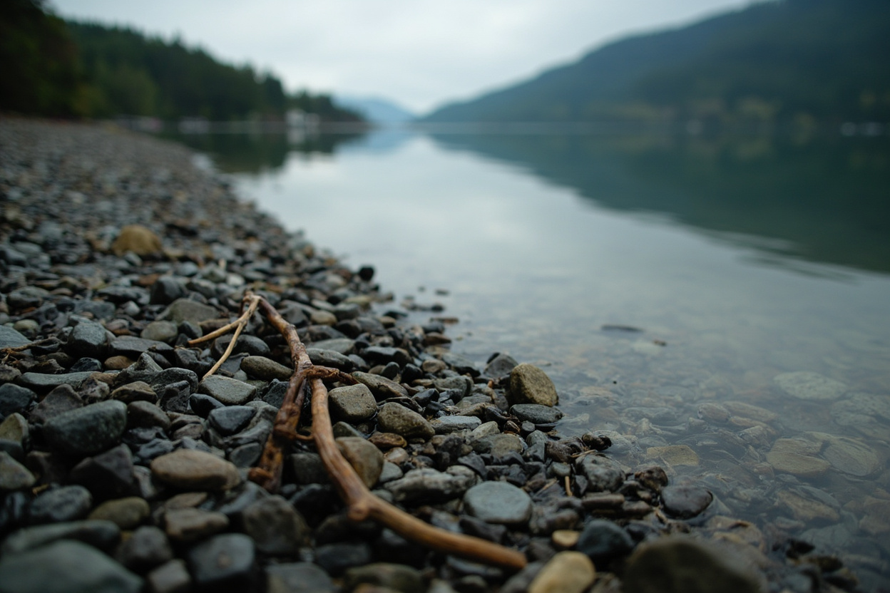 A still stretch of lake water meeting a pebble shore under soft grey sky, forested slopes rising behind