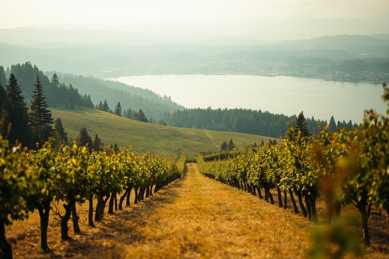 Orchard rows climbing a benchland slope above a wide green lake under soft grey sky, the far shore dissolving into haze in Coldstream BC