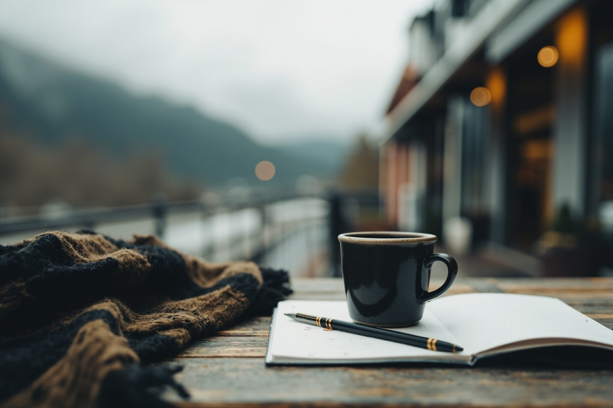 Notebook and pencil open beside a coffee mug at a rain-streaked window looking onto a wet shopping street