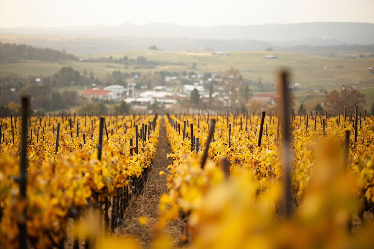 Vineyard rows sweeping down a golden bench toward a small flat-roofed town on the valley floor in Oliver BC